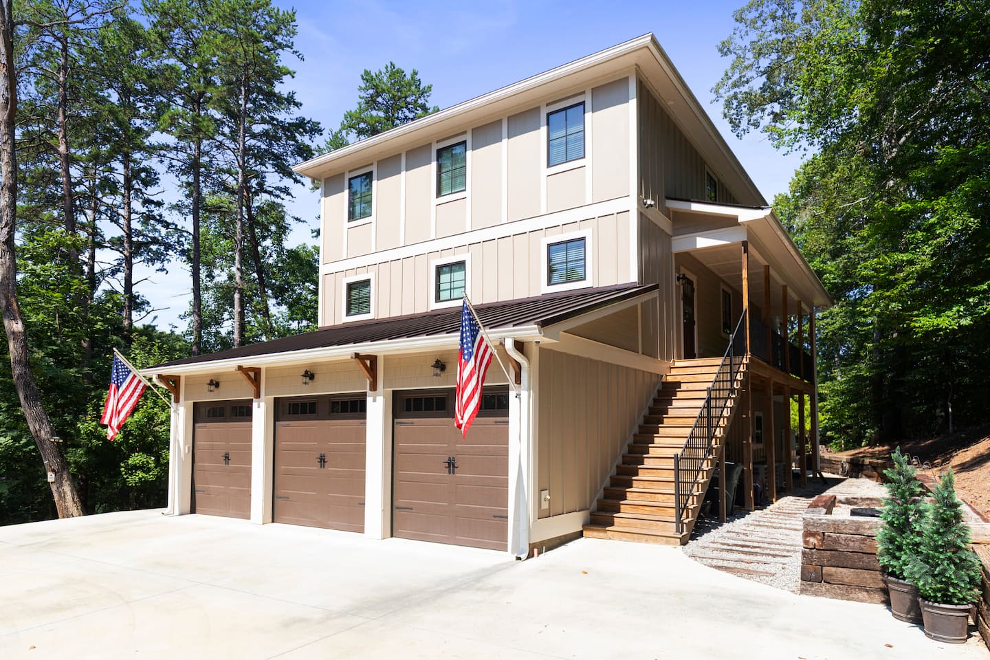The front entrance and three-car garage