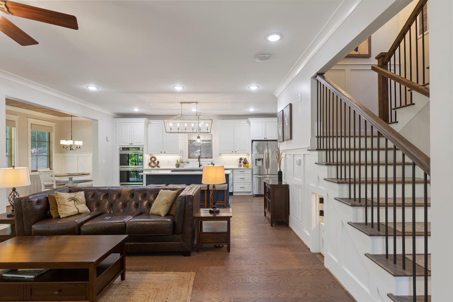 The great room, kitchen, and staircase