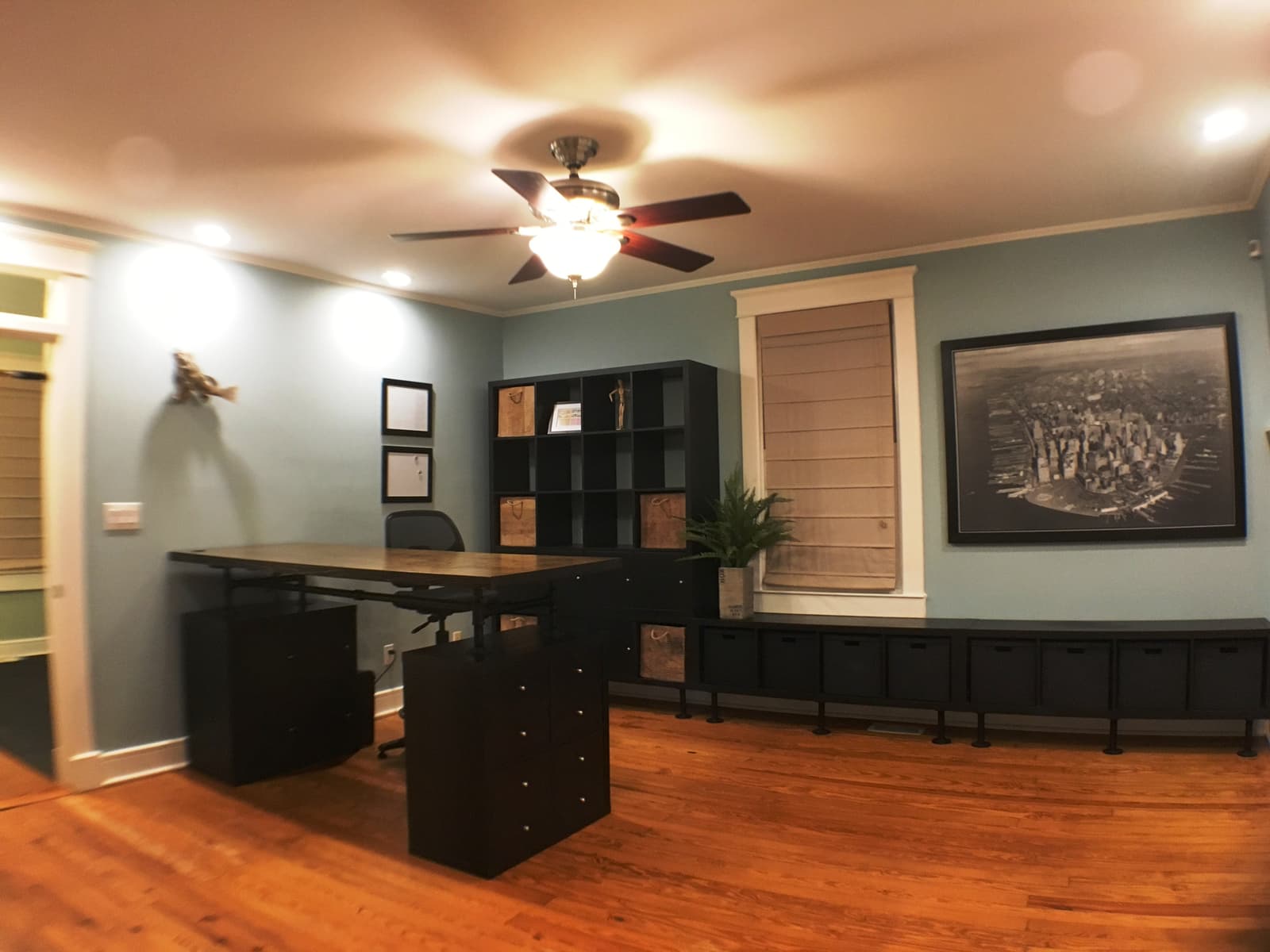 A flexible room set up as a home office