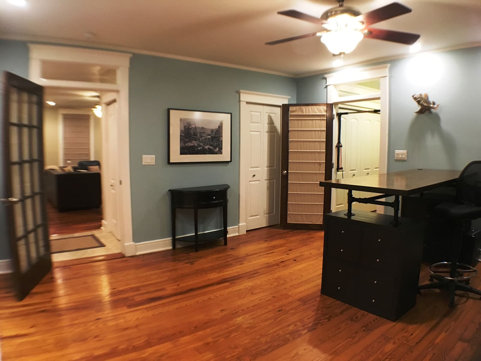 Looking from the office through the French doors toward the living room