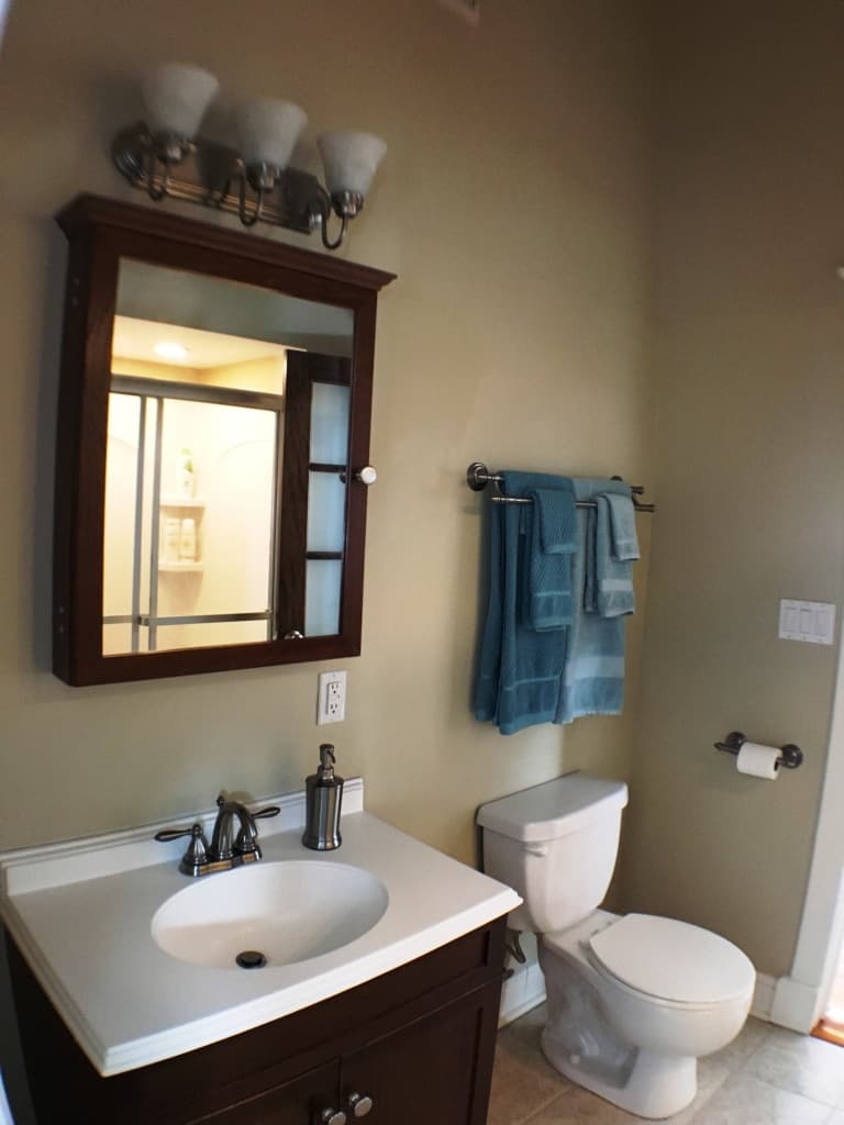 The bathroom — cherry medicine cabinet, vanity, and walk-in shower